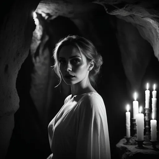 Prompt: close up, dramatic dark atmosphere, scared woman in white dress looking over shoulder, satanic ritual, candles in background, cave setting, dim lighting, dramatic, cinematic, depth, black and white noir coloring, 