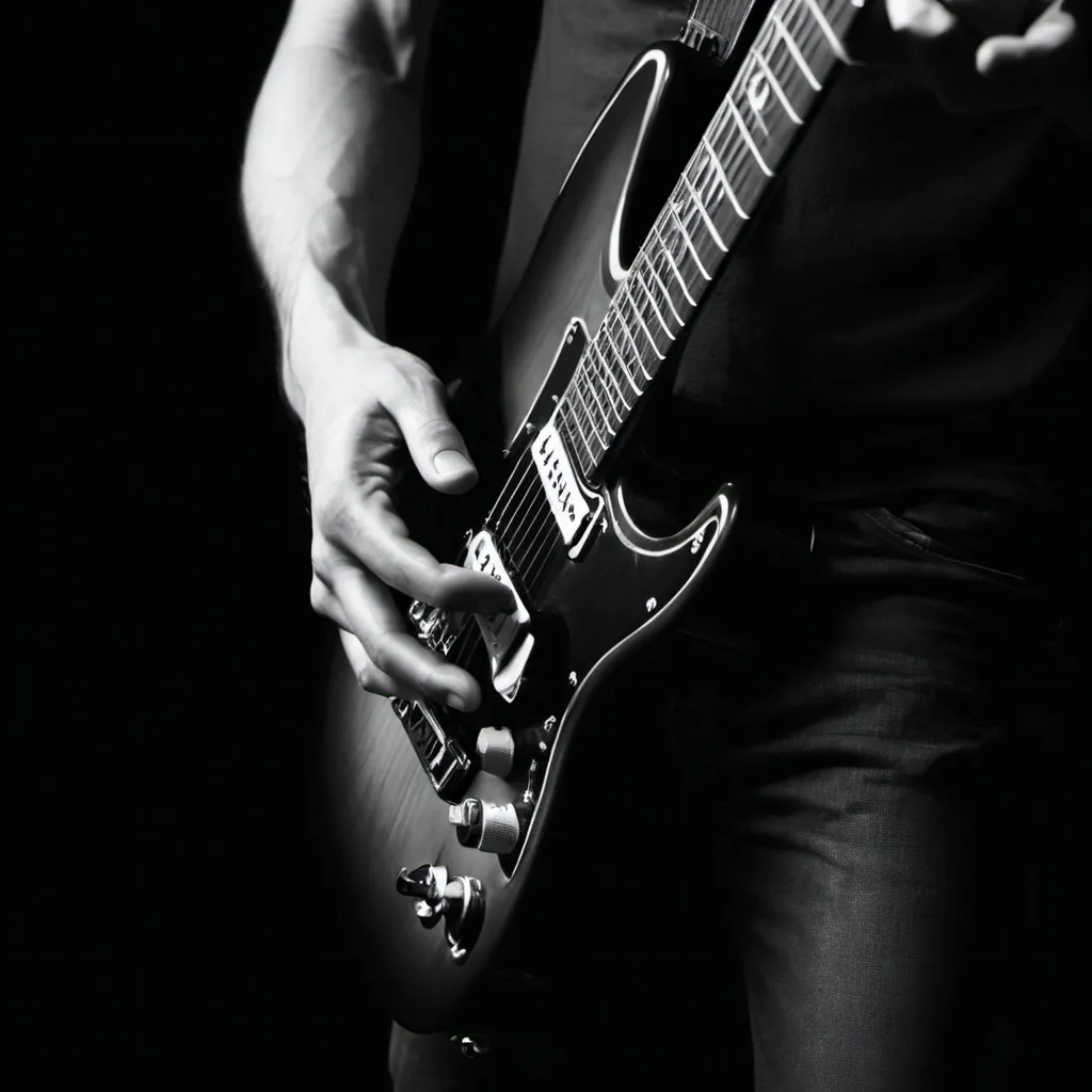 Prompt: hands playing electric guitar, dark black and white, black background