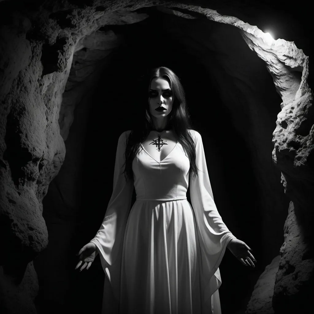 Prompt:  dramatic dark atmosphere, gothic woman woman in white dress, satanic ritual, cave setting, dim lighting, dramatic, cinematic, depth, black and white noir coloring, 