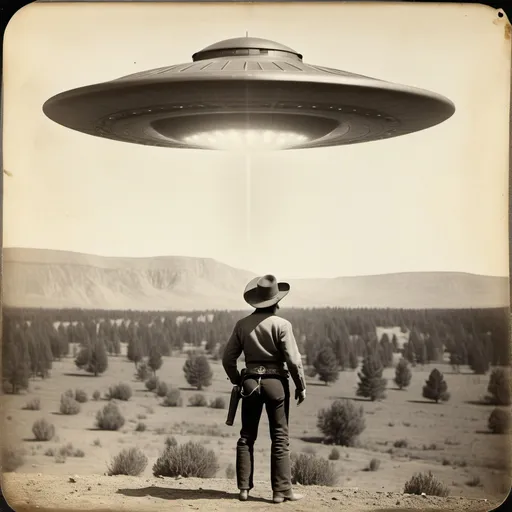 Prompt: 1800s vintage photograph of a cowboy looking at a UFO