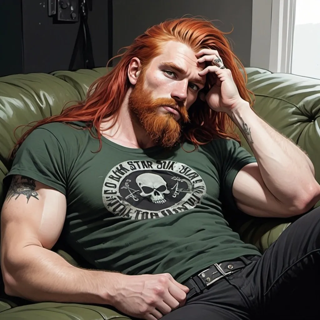 rock star, 30 year old buff man with long red hair,...