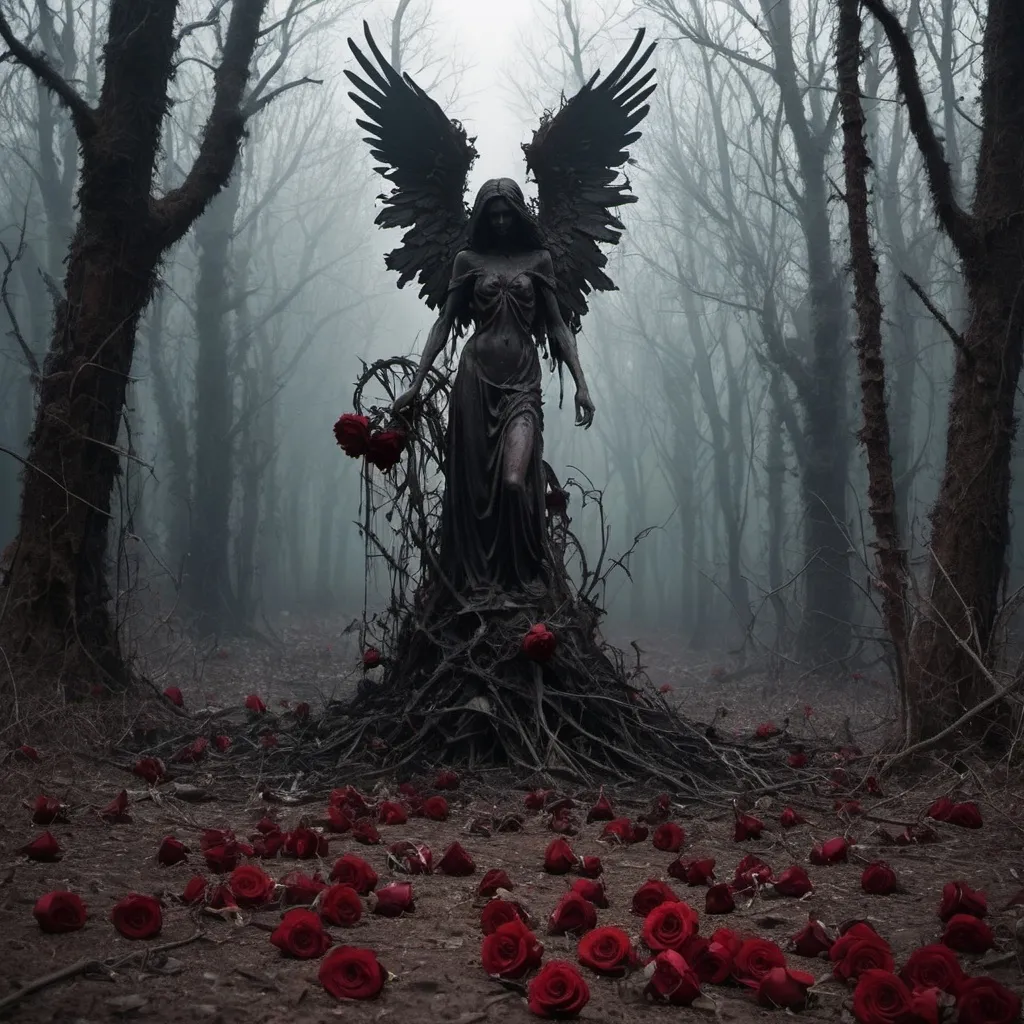 Prompt: rotting forest, dead roses, shadow of a fallen angel