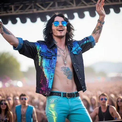 Prompt: sunglasses, dancing rock star singer, with wavy shoulder-length black hair, stubble, blue eyes, 25 year old male entire body, tattoos, electric daisy festival style outside, colorful, rhinestone clothing and makeup, singing on stage, iridescent clothing, dancing and singing