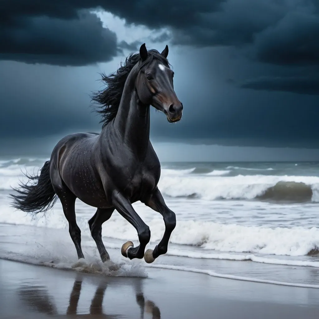 Prompt: black horse galloping along a stormy beach, blue lighting, wet atmosphere and dreary, depressing