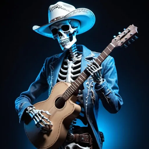 Prompt: skeleton guitarist with cowboy style, clothes and cowboy hat, blue lighting