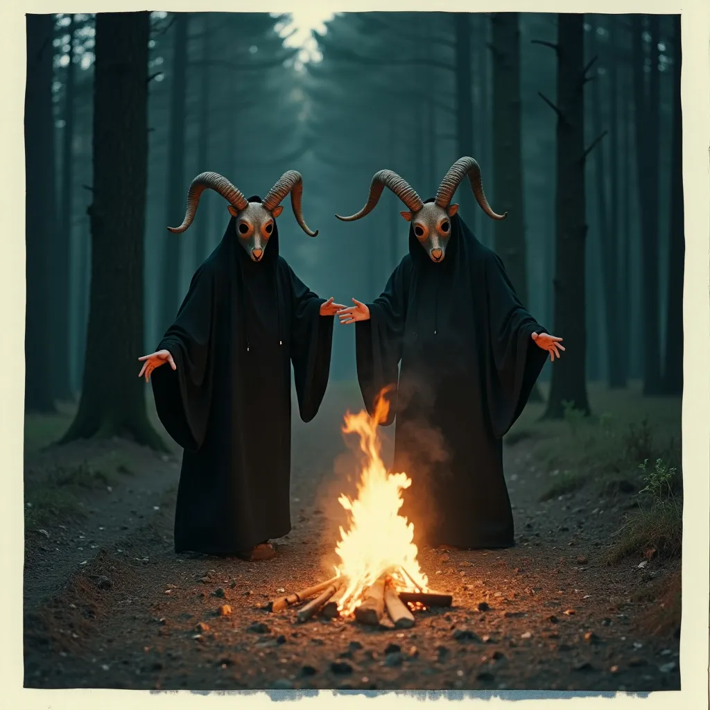 Prompt: Fuji film instant photo, Polaroid photograph, a pair of people in black robes with  ram horn masks dancing around bonfire at night in a forest, midnight, black forest, night time