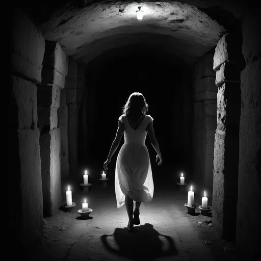 Prompt: dramatic dark atmosphere, night time, scared woman in white dress running through catacombs, satanic ritual, candles in background, cave setting, dim lighting, dramatic, cinematic, depth, black and white noir coloring, 