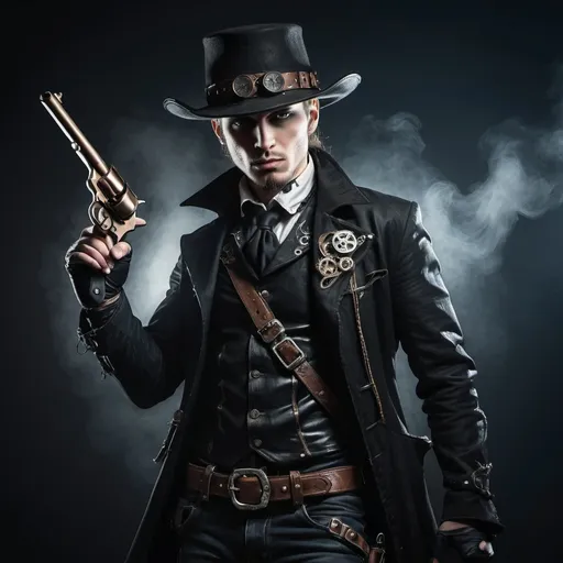 Prompt: gothic steampunk cowboy posing with pistol, illustration, movement in clothing, windy, dramatic lighting