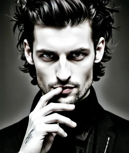 Prompt: gothic, black background, shoulder length messy hair, smoking