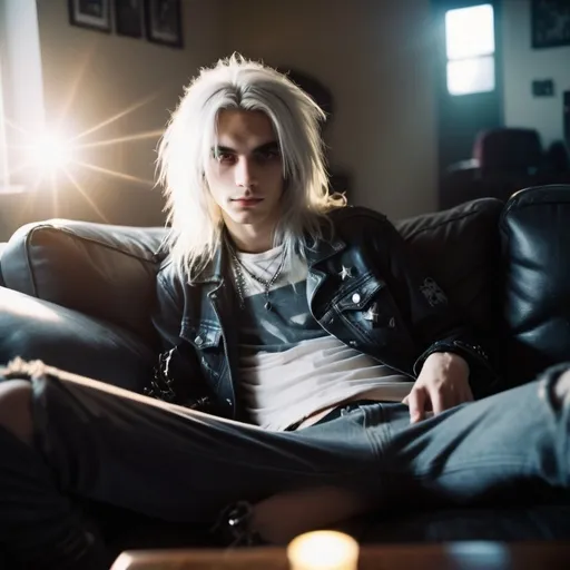 Prompt: polaroid photo,soft lighting,photo realistic, cinematic,  rock star, skinny 20 year old boy with long white hair, black streaks in hair, grey eyes,  entire body, punk gothy clothing, on sofa lounging relaxing, lens flare