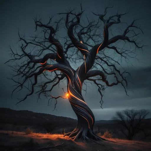 Prompt: twisted black tree with glowing cracks in the trunk and limbs