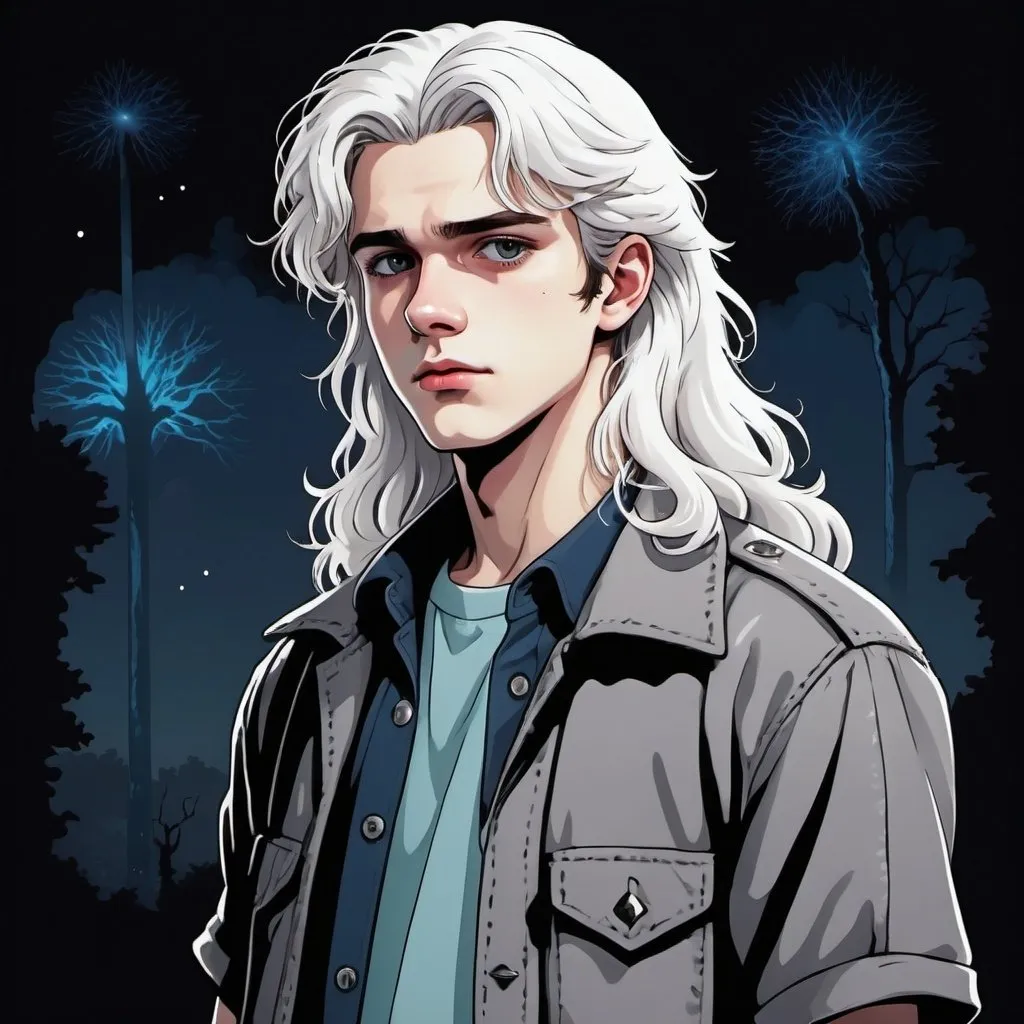 Prompt: 80s stranger things style, young teen man with long white hair, grey eyes, stubble, anime illustrated, full body, 80s clothing gothic