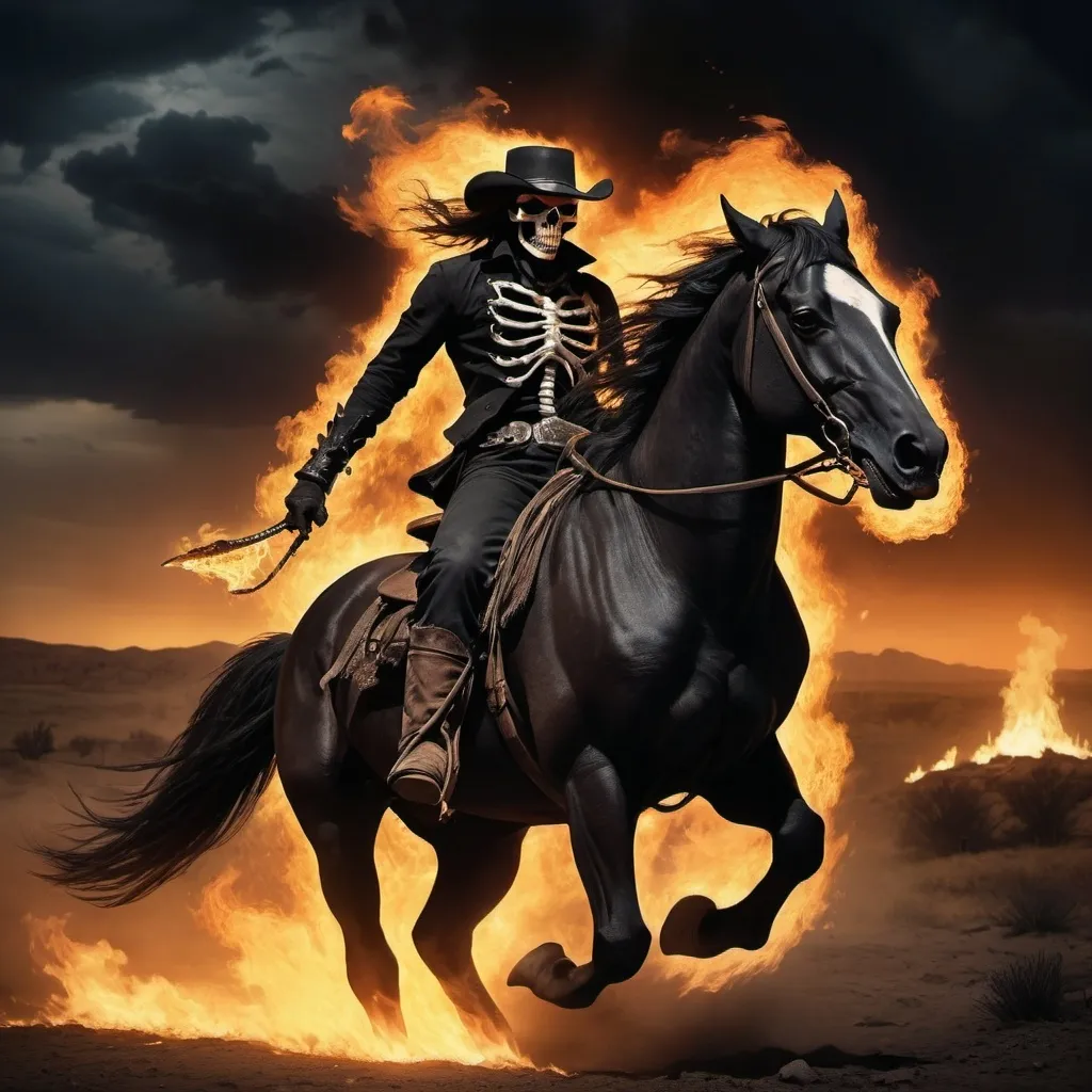 Prompt:  night time, horseman of apocalypse, fire horse, ghost rider on horseback, 1800s, cowboy with skull head on fire, black horse with fire on its hooves, galloping against apocalyptic landscape
