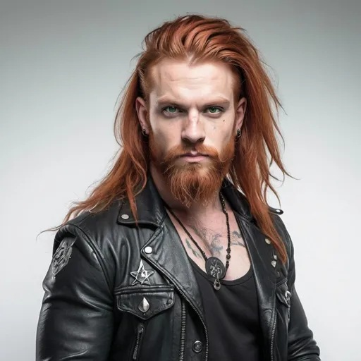Prompt: rock star, 30 year old buff man with long red hair, dark green eyes, beard, entire body, punk gothy clothing, illustration, photoshoot professional, white backdrop