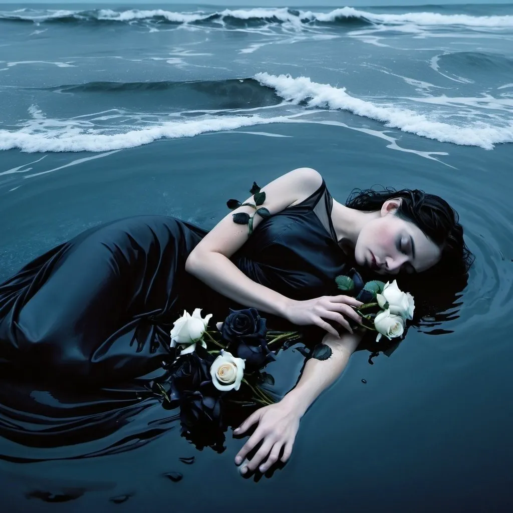 Prompt: sleeping woman in black dress laying in ocean water holding bouquet of black roses, asleep, stormy, blue lighting, wet atmosphere and dreary, depressing