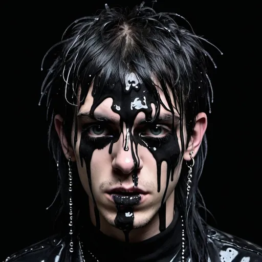 Prompt: album cover, high contrast, black background, rockstar skinny 18 year old with black modern mullet, completely black demonic eyes, punk gothy style, covered in wet and dripping black liquid head to neck, liquid dripping down face, black liquid all over, more paint, add more paint