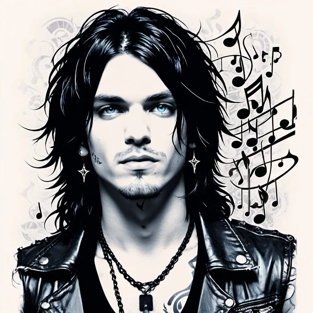 Prompt: stencil black and white, illustrated pretty young 20 year old rockstar man with long wavy shoulder length black hair, blue eyes, stubble, gothic punky style and tattoos, art poster style, side angle, hair flowing, eyes closed, breathing deep, music notes flowing,