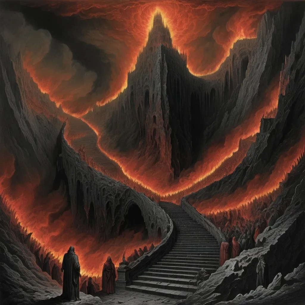 Prompt: Hellscape, mountains, horror, Hell as illustrated by Gustave Dore, dramatic, gothic, giant spiral staircase, dozens of staircases, many staircases, inferno, colored, dark tones