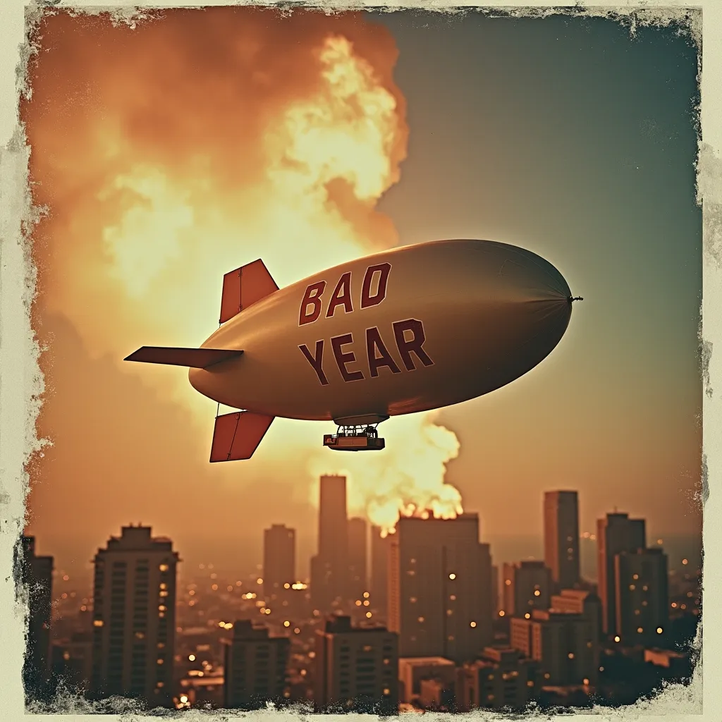 Prompt: Side angle, Polaroid, burnt edges around border of photo, blimp with words "BAD YEAR" written on the side flying over city on fire