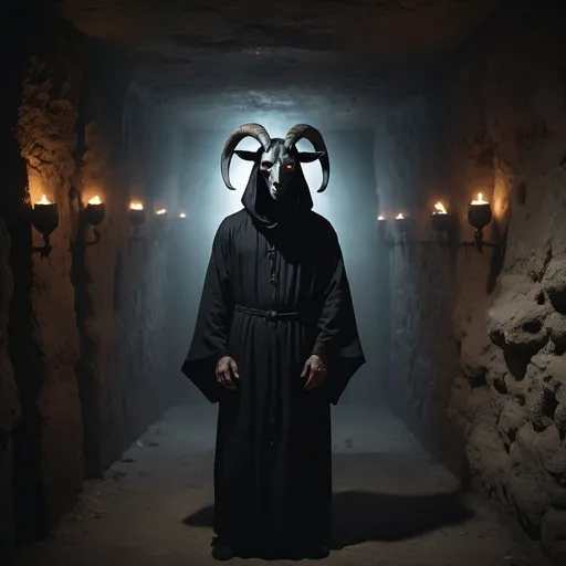 Prompt: catacombs, full body human in black robes with black goat mask, glowing eyes, dramatic lighting, horror film