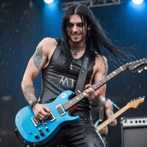 Prompt: rock star guitarist, man with long black hair, stubble, blue eyes, 25 year old, tattoos, entire body, punk gothy clothing, muscular buff, happy, tattoos, raining, playing guitar on stage, soaked, wet hair, attractive