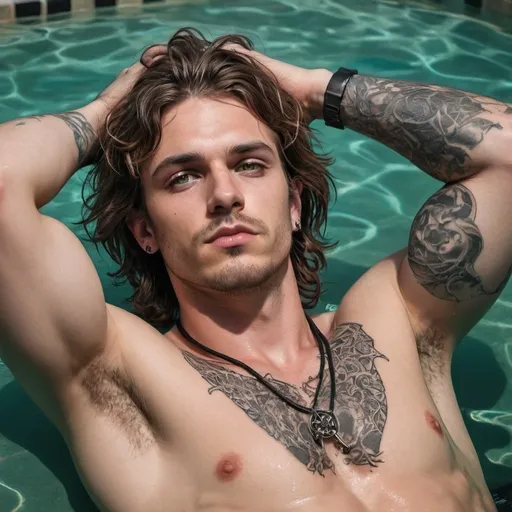 Prompt: rock star, 30 year old man with wavy shoulder-length brown hair, stubble, dark green eyes, posing,  illustration, gothic punk clothing, muscular,  sleepy,  tattoos, laying back in pool water