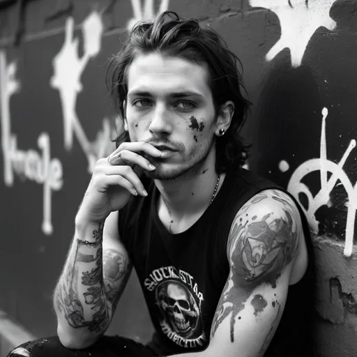 Prompt: leaning against wall smoking cigarette, rock star, 30 year old man with wavy shoulder-length brown hair, stubble, dark green eyes, posing,  gothic punk clothing, muscular,  sleepy,  tattoos,  black and white clothing, black paint splattered on walls and dripping down walls, black white graffiti