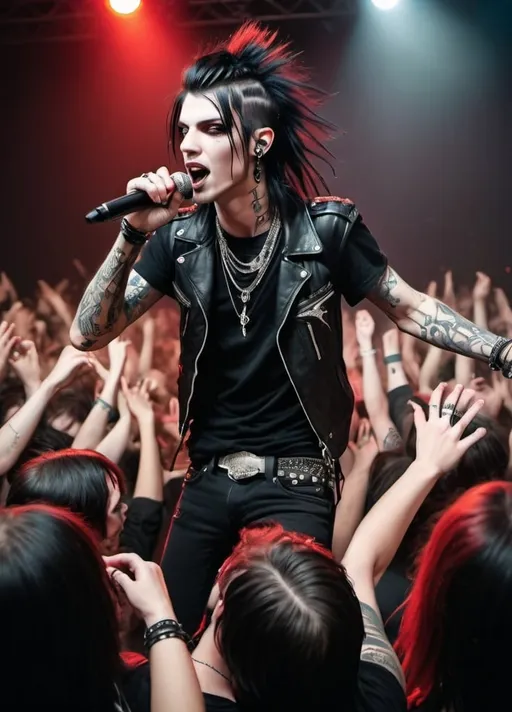 Prompt: rock star singer, skinny 18 year old boy with black modern mullet, red eyes, piercings tattoos, entire body, punk gothy clothing, illustration, stage dive into crowd