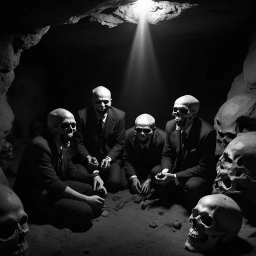 Prompt: dramatic dark atmosphere, laughing skulls, satanic ritual, cave setting, dim lighting, dramatic, cinematic, depth, black and white noir coloring, 