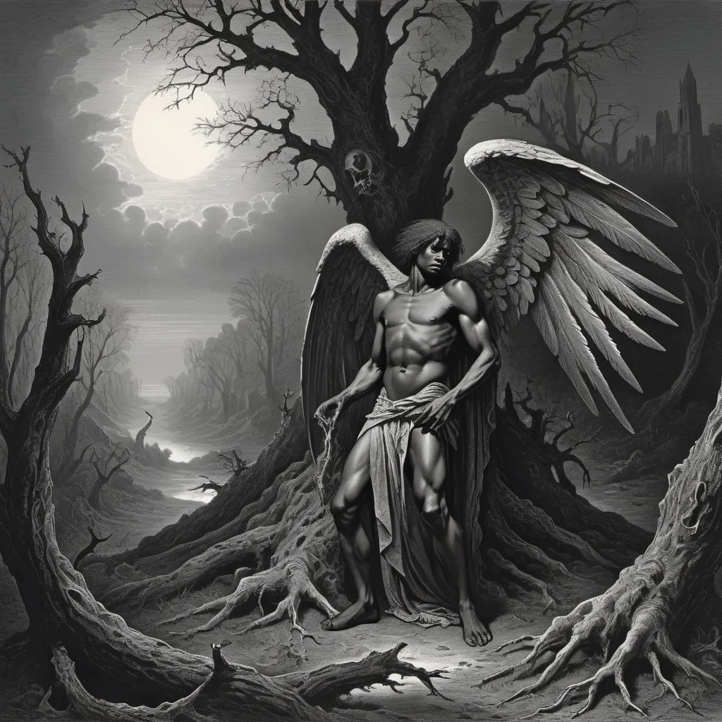 Prompt: Gustave Dore gothic illustration style, Adam with dark skin and hair, in a descecrated, tainted Eden, dark lighting, Gustave Dore style, dead silver tree, evil angel in the background