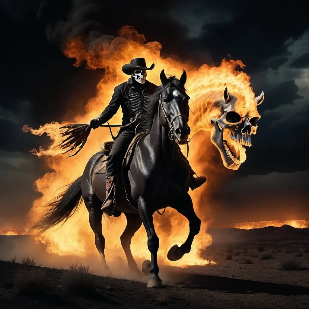 Prompt:  night time, horseman of apocalypse, fire horse, ghost rider on horseback, 1800s, cowboy with skull head on fire, black horse with fire on its hooves, galloping against apocalyptic landscape
