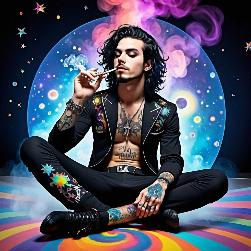 Prompt: rockstar man smoking, laying down eyeliner, with wavy shoulder-length black hair, stubble, blue eyes, 25 year old, entire body, tripping on acid, colorful, kaleidiscope, illustrated, vortex,  angled photo, hallucinating, gothic punk clothing, tattoos, full body, outer space background,  on floor, eyeliner, eyes closed, space, galaxy, meditating, smoking a joint, illustration, 2D