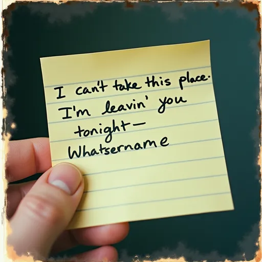 Prompt: Side angle, Polaroid, burnt edges around border of photo, hand written letter on faded blue stained lined post-it note, being held by a male hand, "I can't take this place, I'm leavin' you tonight- Whatsername" in faded ballpoint pen ink, Fuji-Film Instant Film