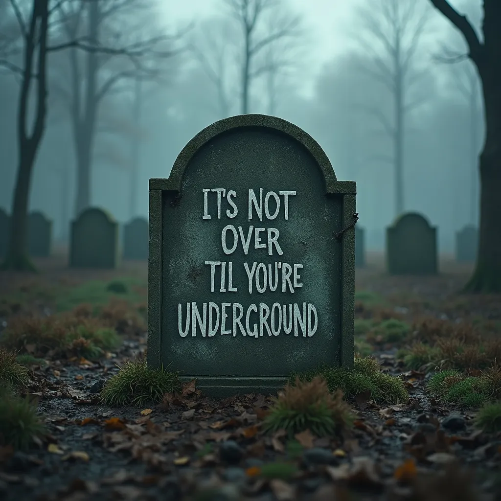 Prompt: "its not over til you're underground" written on gravestone, apocalypse in background