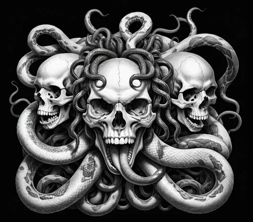 Prompt: medusa snakes crawling out of skull, black and white, pencil illustration, heavy black background