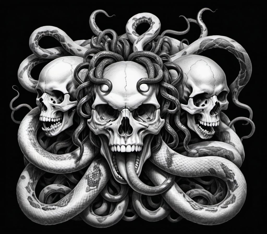 Prompt: medusa snakes crawling out of skull, black and white, pencil illustration, heavy black background