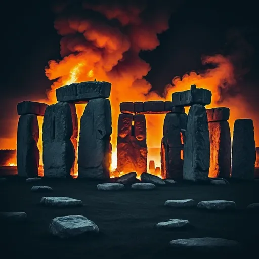 Prompt: stongehenge on fire, dark colors, high contrast, dark apocalyptic atmosphere