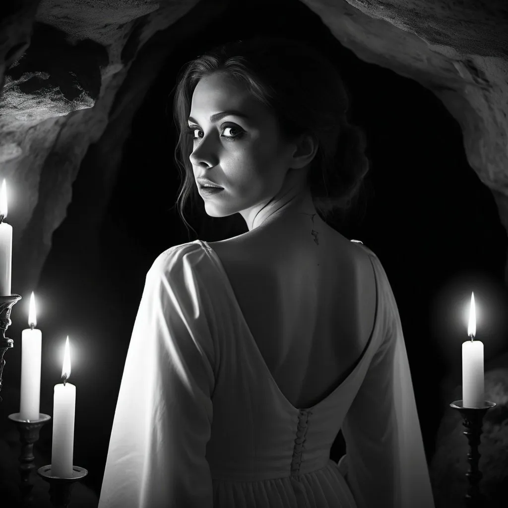 Prompt: close up, dramatic dark atmosphere, scared woman in white dress looking over shoulder, satanic ritual, candles in background, cave setting, dim lighting, dramatic, cinematic, depth, black and white noir coloring, 