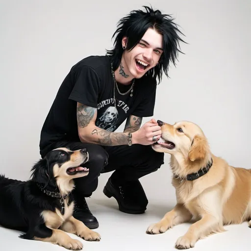 Prompt: rock star, skinny 18 year old boy with black modern mullet, blue eyes, piercings tattoos, entire body, punk gothy clothing, playing with golden retriever puppies, white backdrop, happy and laughing