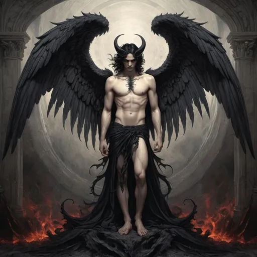 Prompt: full body, gothic illustration as above so below, fallen angel male lucifer, wavy shoulder length black hair, with demon wings horizontal mirrored image, gothic, gustave dore style, hellfire