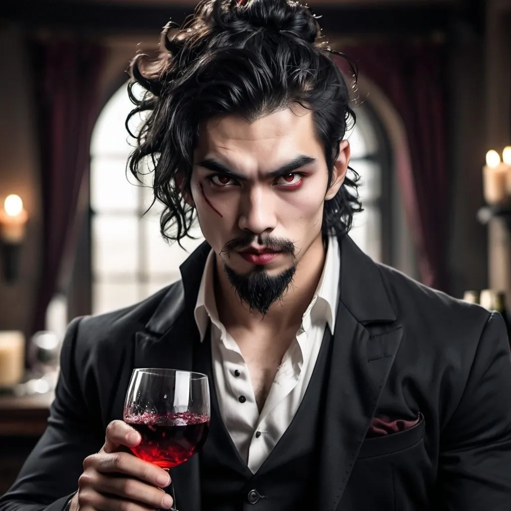 Prompt: strong young man with long messy, curly black hair in messy bun, vampire, red eyes, pale skin, thick beard, asian, eyeliner, drinking wine