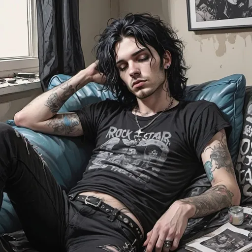 Prompt: rock star singer, man with wavy shoulder-length black hair, stubble, blue eyes, 25 year old, entire body, punk gothy clothing, illustration, sleeping on messy sofa