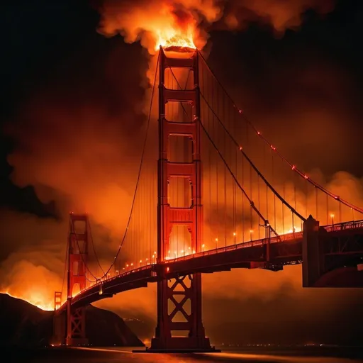 Prompt: golden gate bridge on fire, dark colors, high contrast, dark apocalyptic atmosphere