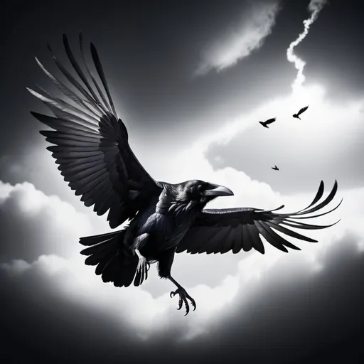 Prompt: raven falling from sky, broken wings, high contrast, dramatic lighting, bright background, in style of Nicholas Gooden, black and white