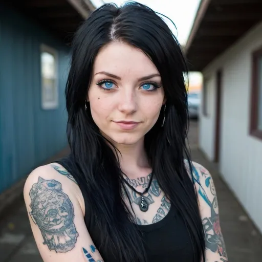 Prompt: 25 year old woman, long black hair, blue eyes, punky, tattoos, smirk