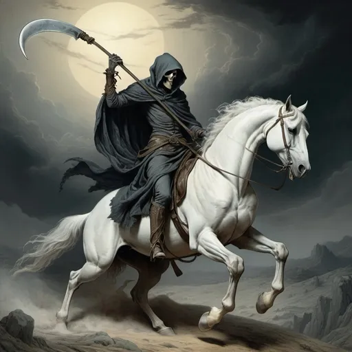 Prompt: Reaper on a white horse wielding a horrific scythe, Gustave Dore style, colored, dramatic 