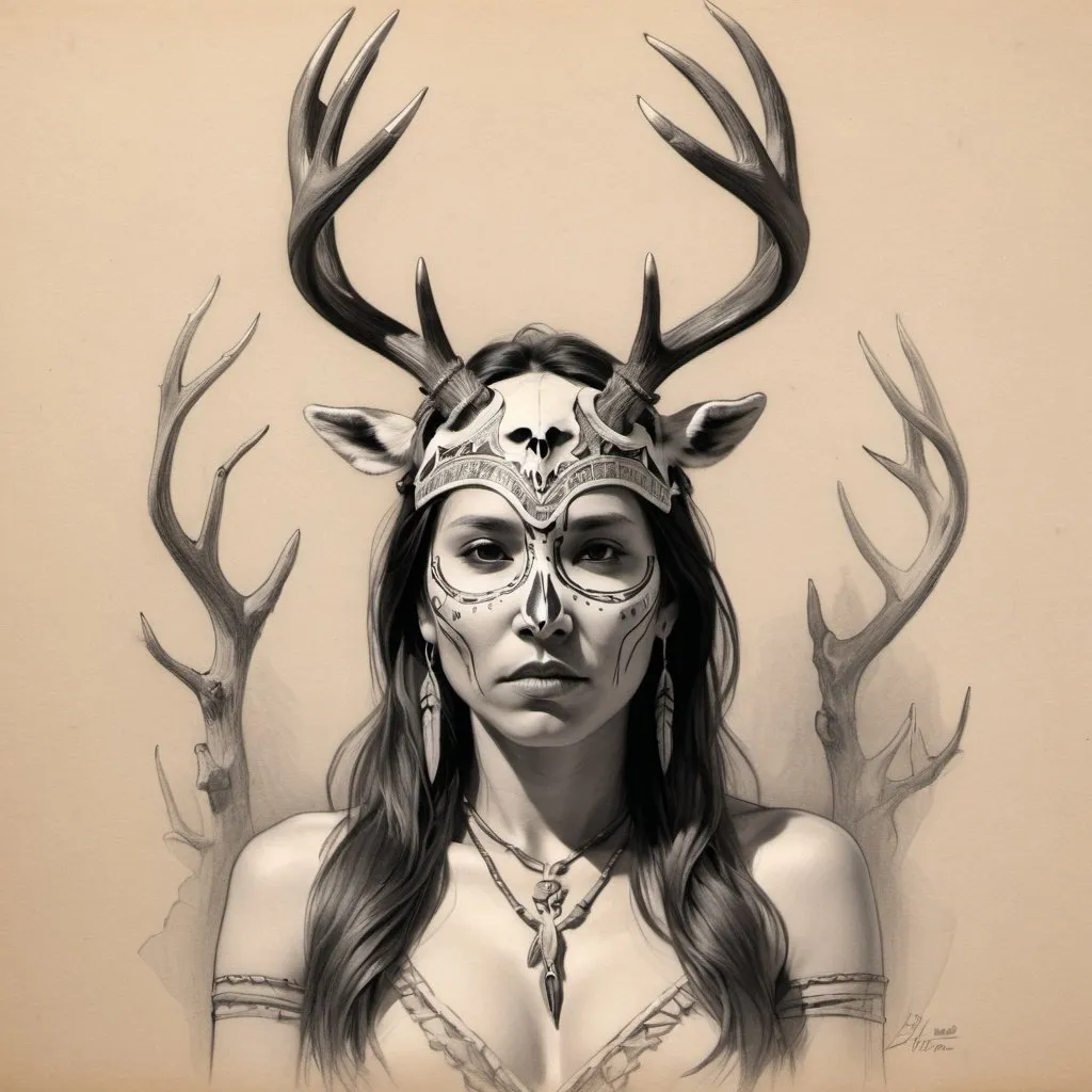 Prompt: rough pencil sketch, ritualistic pose, native woman behind elk skull mask