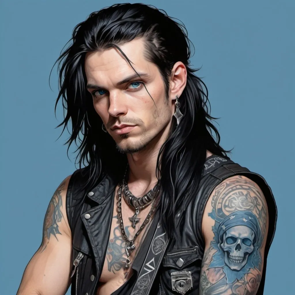 Prompt: rock star guitarist, man with long black hair, stubble, blue eyes, 30 year old, tattoos, bandana, entire body, punk gothy clothing, illustration
