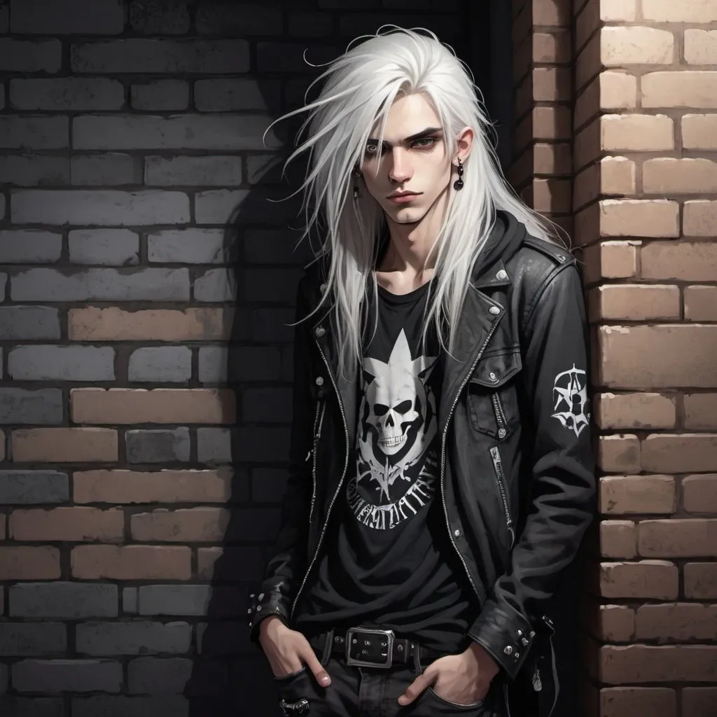 Prompt: rock star, skinny 20 year old boy with long white hair, grey eyes,  entire body, punk gothy clothing, illustration, leaning against brick wall at night