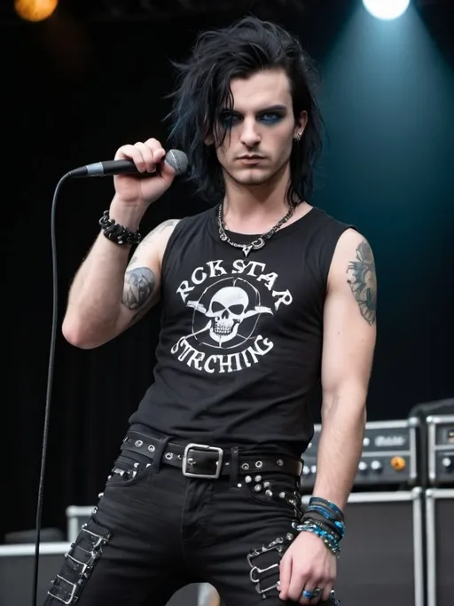 Prompt: rock star stretching on stage, microphone, man with wavy shoulder-length black hair, stubble, blue eyes, 25 year old, entire body, punk gothy clothing, tempting pose